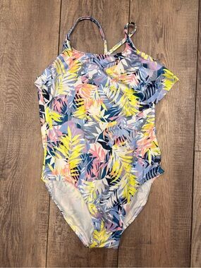 OP Girls One-Piece Swimsuit - Yellow, Pink & Blue Leaf Print